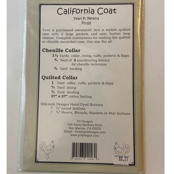 P3 Designs P3-125 Pattern California Coat by Pearl P Pereira Vintage Patchwork - Picture 4 of 5